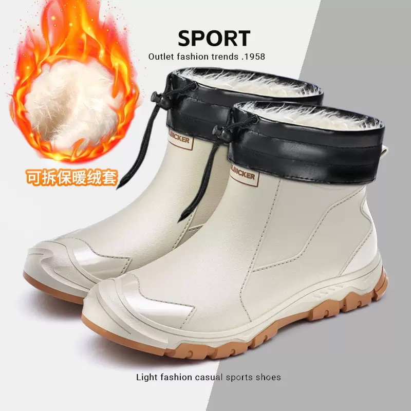 Fishing Boots - 防水メンズレインシューズファッションショートソックス肥厚暖かいゴム作業滑り止め釣りキッチン男性レインブーツボタスオムブレ
