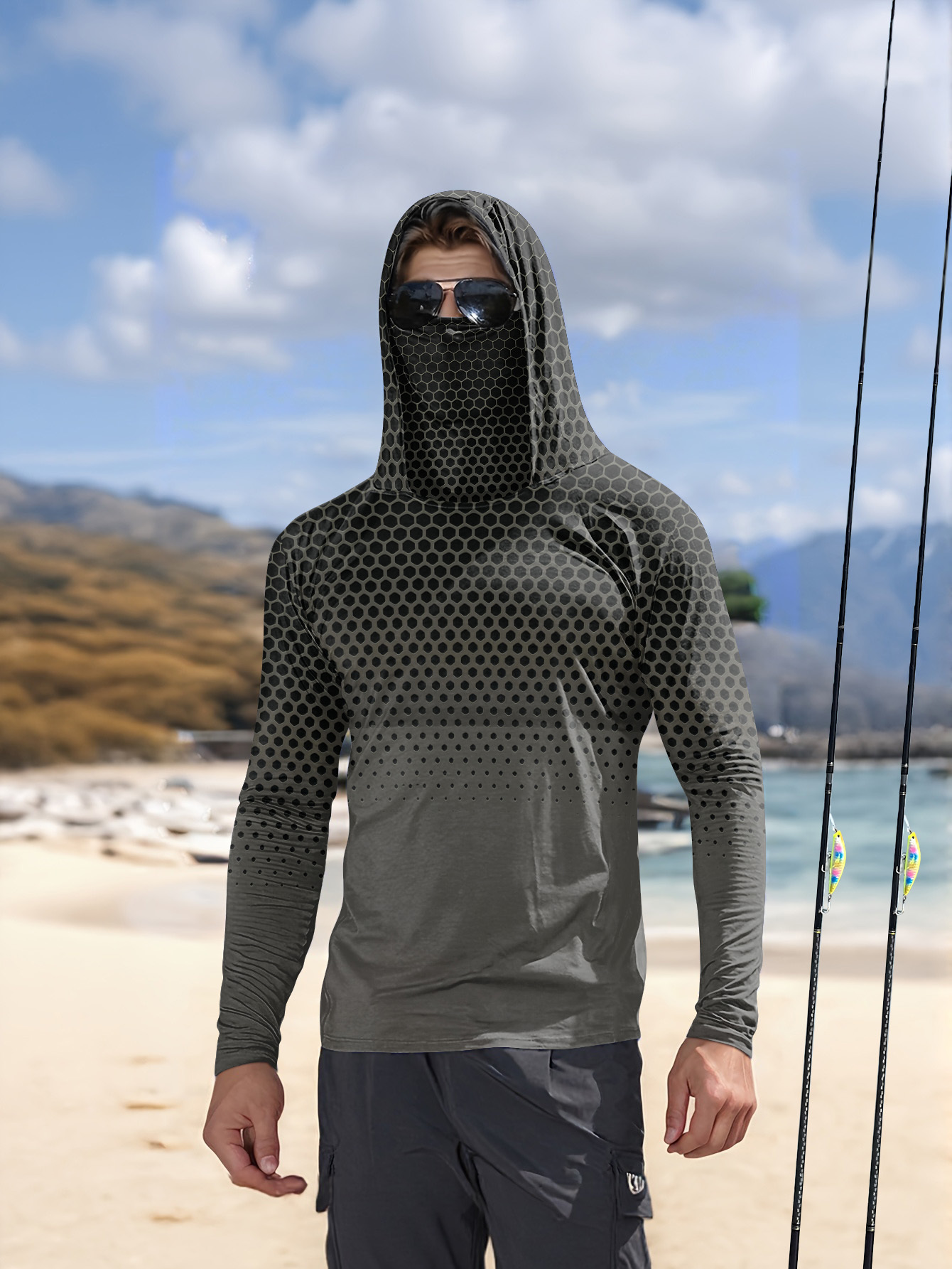 グレーグラデーションハニカムメンズフィッシングフード付きシャ - Fishing Hoodie のレビューと価格